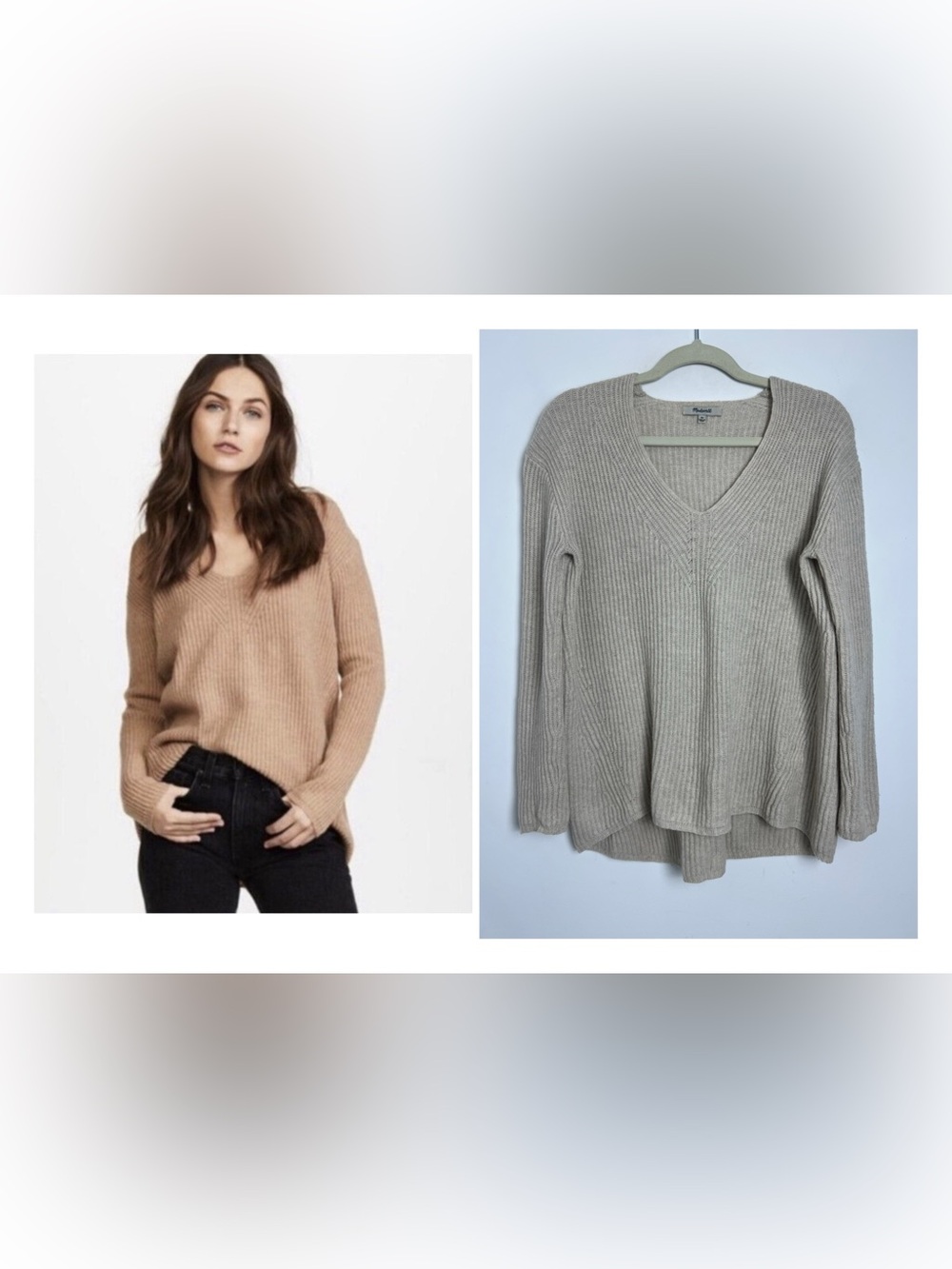 Madewell‎ XS Beige Woolside Merino Wool Blend V-Neck Ribbed Pullover Sweater